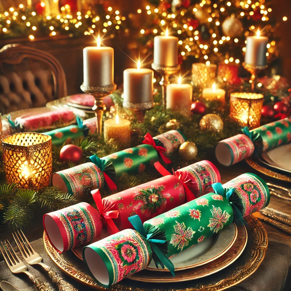 A close-up of colorful Christmas crackers placed on a festive dining table, alongside plates, silverware, and holiday decorations like candles and garlands