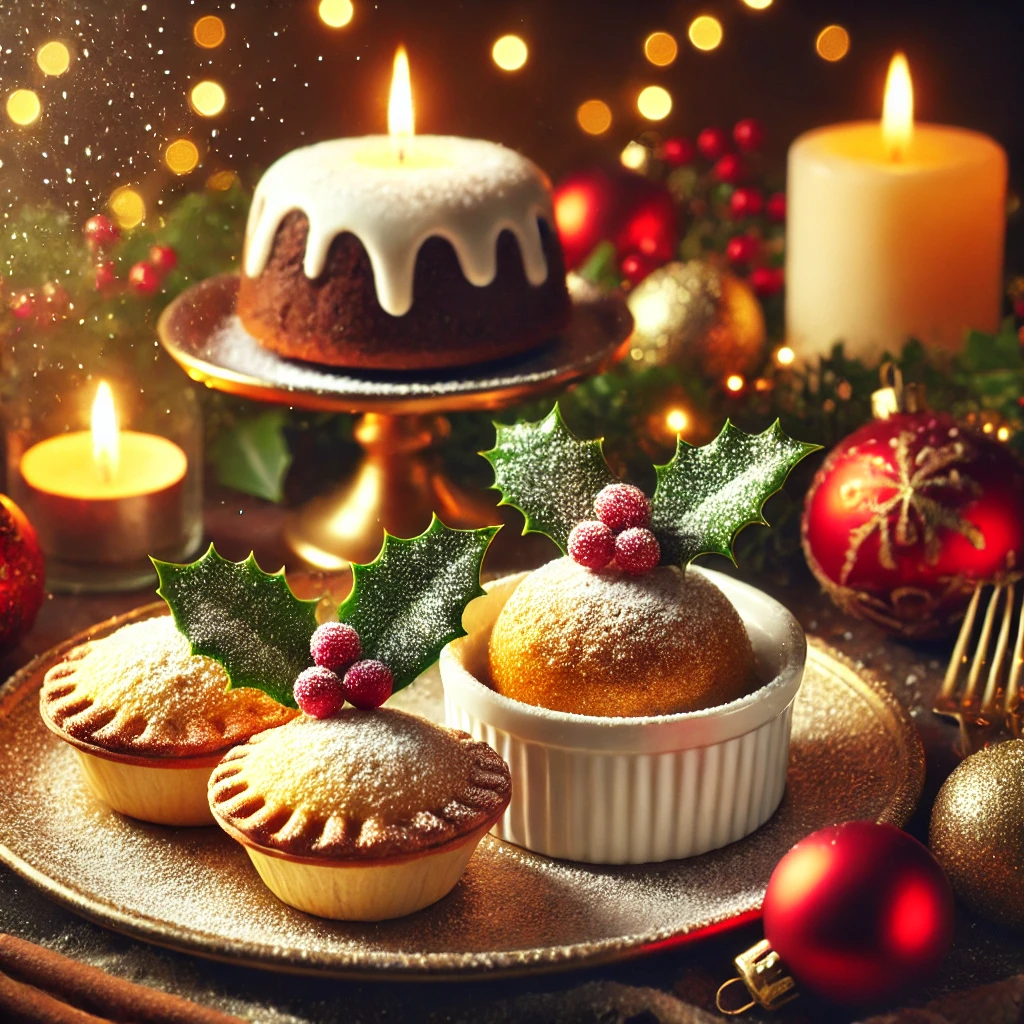 A plate of golden mince pies dusted with powdered sugar, accompanied by a traditional Christmas pudding topped with holly, set on a festive holiday table