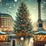 An iconic Christmas tree in Trafalgar Square, London, beautifully decorated with lights and ornaments, surrounded by a festive atmosphere with snowflakes gently falling